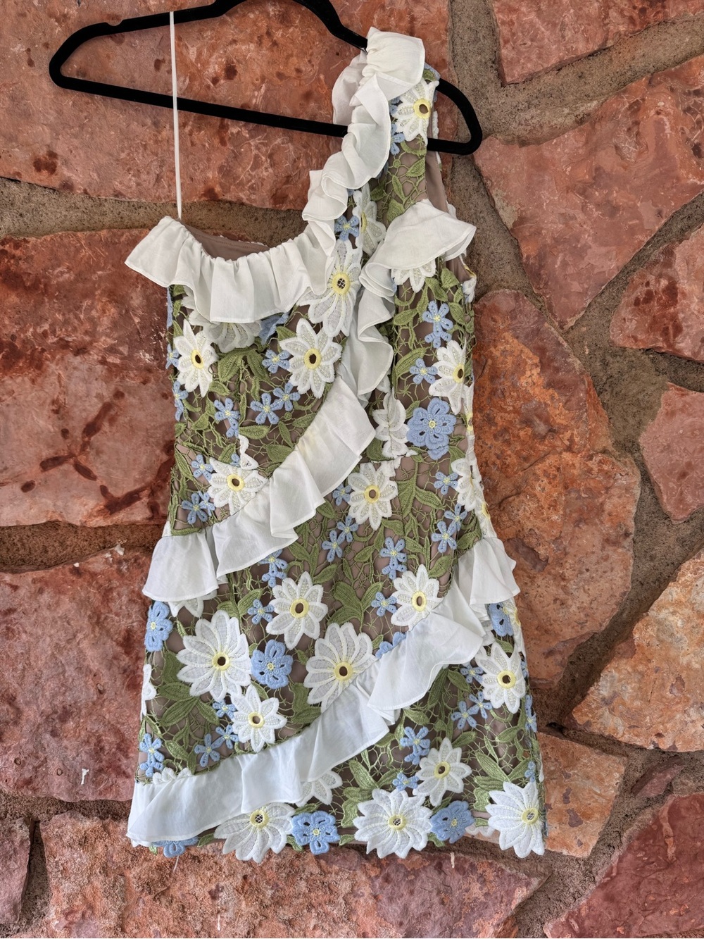 Multicolor crochet eyelet ruffle floral Elliatt flora one shoulder midi dress